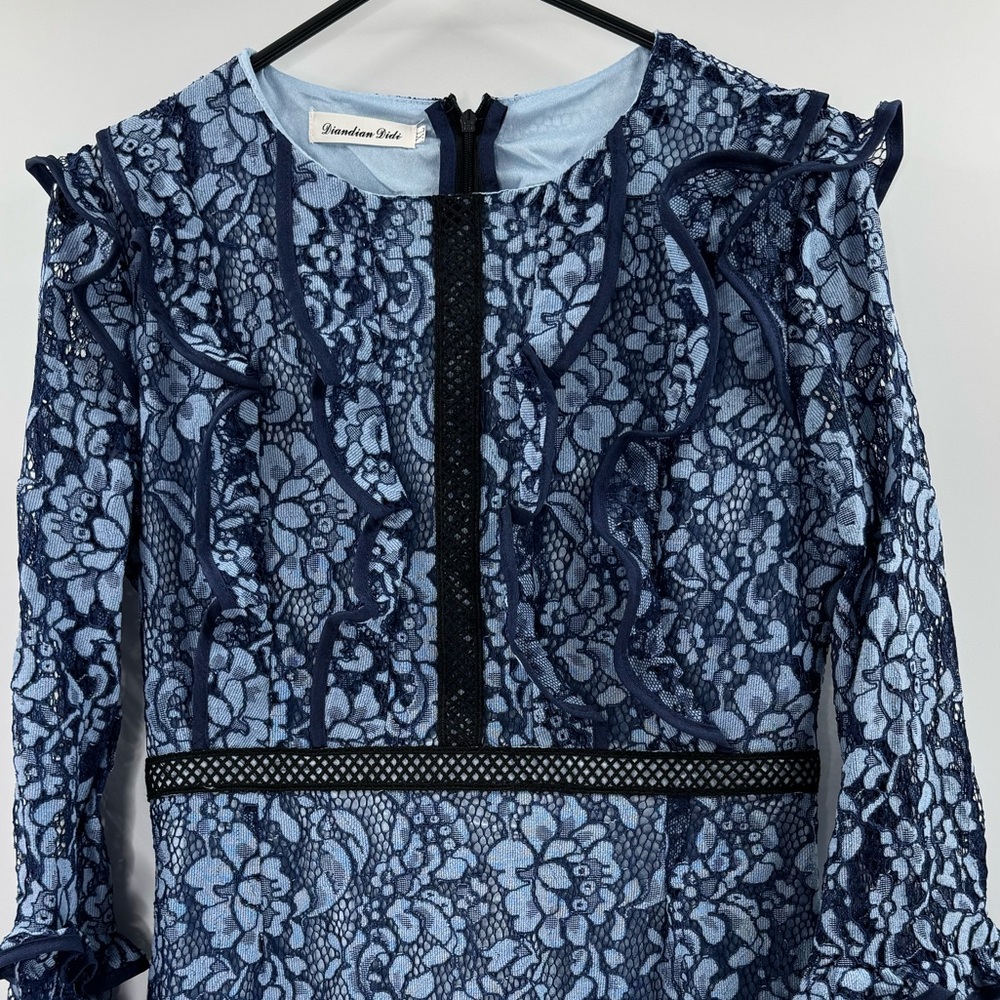 Diandian Didi Ruffle Lace Trim Midi Knee Length Dress, Blue and Black, Size S/M - Picture 5 of 13